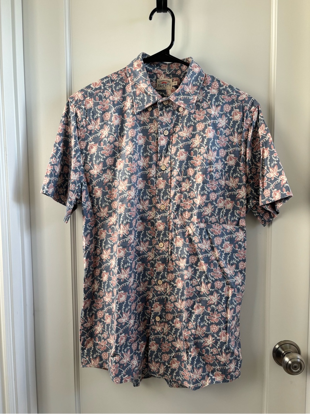 Faherty Mens Shirt Blue Pink Hemp blend Short Sleeve Button Down size S